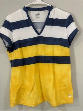 Puma Navy, White & Yellow Striped V-Neck Tee size M